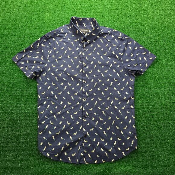 Express Shirt Mens Medium 15-15.5 Blue Slim Fit Button Up Toucan Parrot AOP‎ - Picture 1 of 6